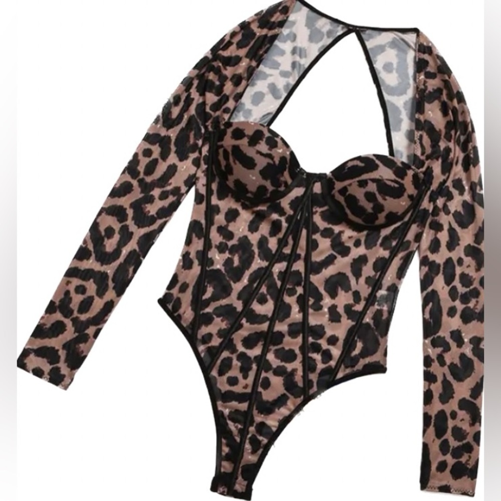 Leopard Print Sheer Long Sleeve Bodysuit Top